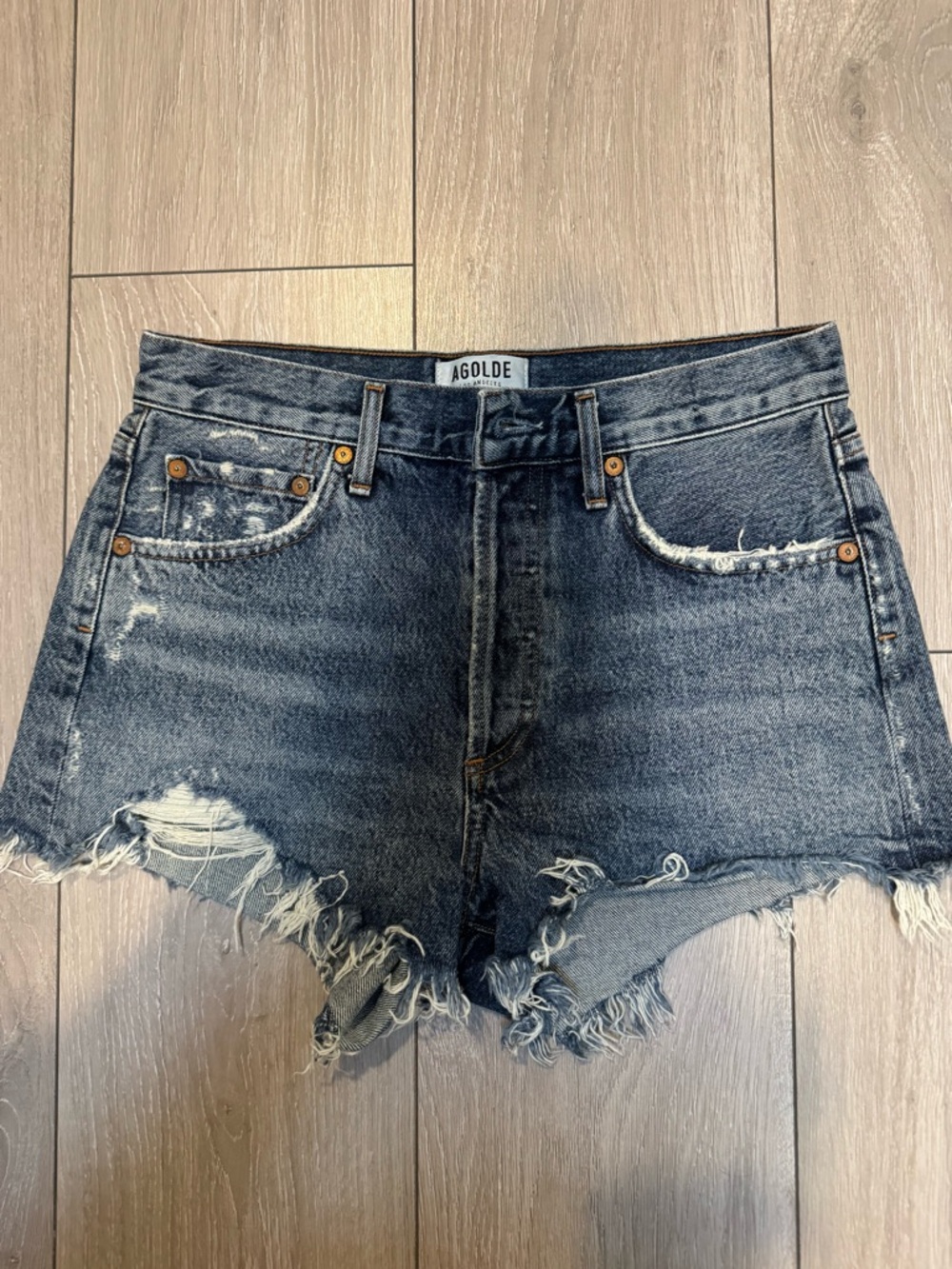 Agolde Washed Black Distressed High-Rise Denim Cutoff Shorts
